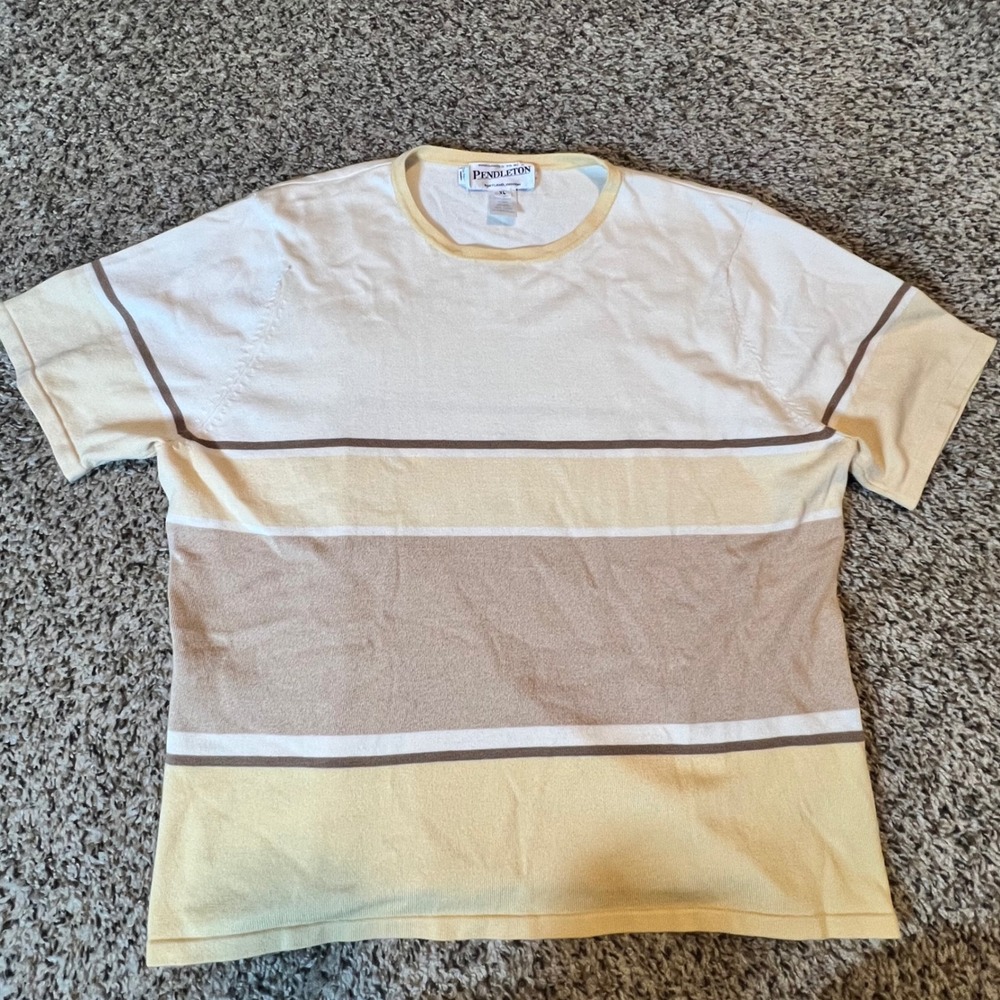 Pendleton Silk Blend Striped Short Sleeve Knit Sweater Top XL Cream Tan Beige